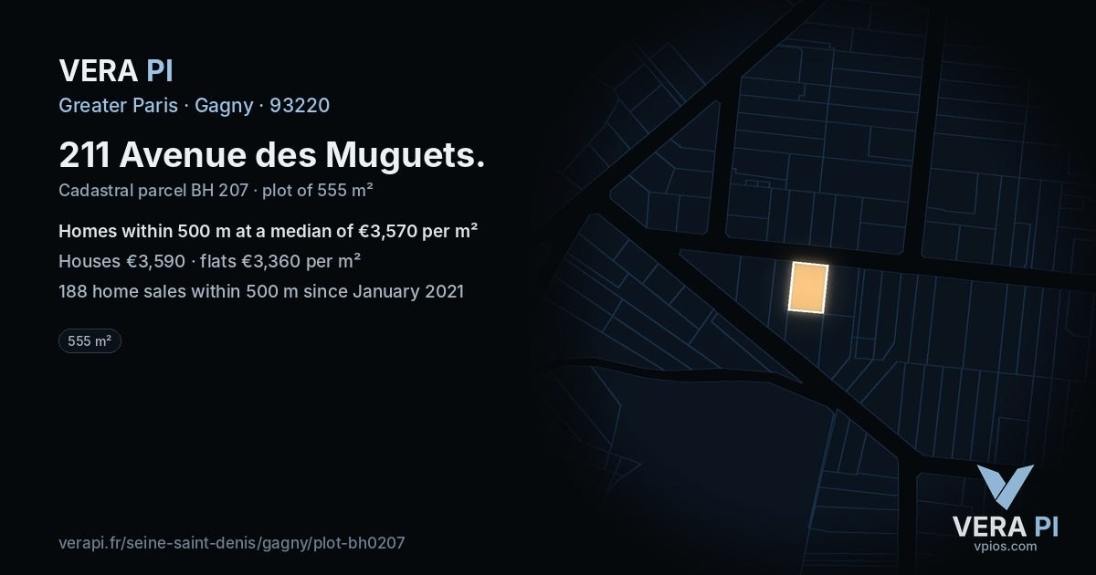 211 Avenue des Muguets, Gagny at night – the plot lit, the parcels around coloured by the prices near them