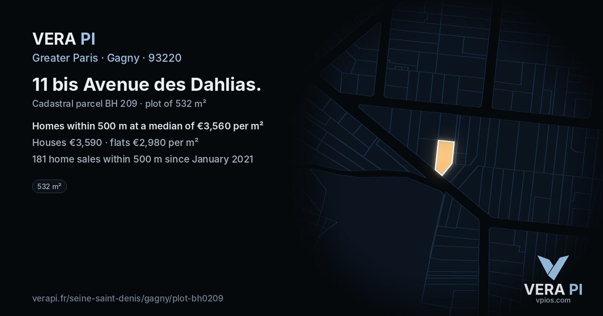 11 bis Avenue des Dahlias, Gagny at night – the plot lit, the parcels around coloured by the prices near them