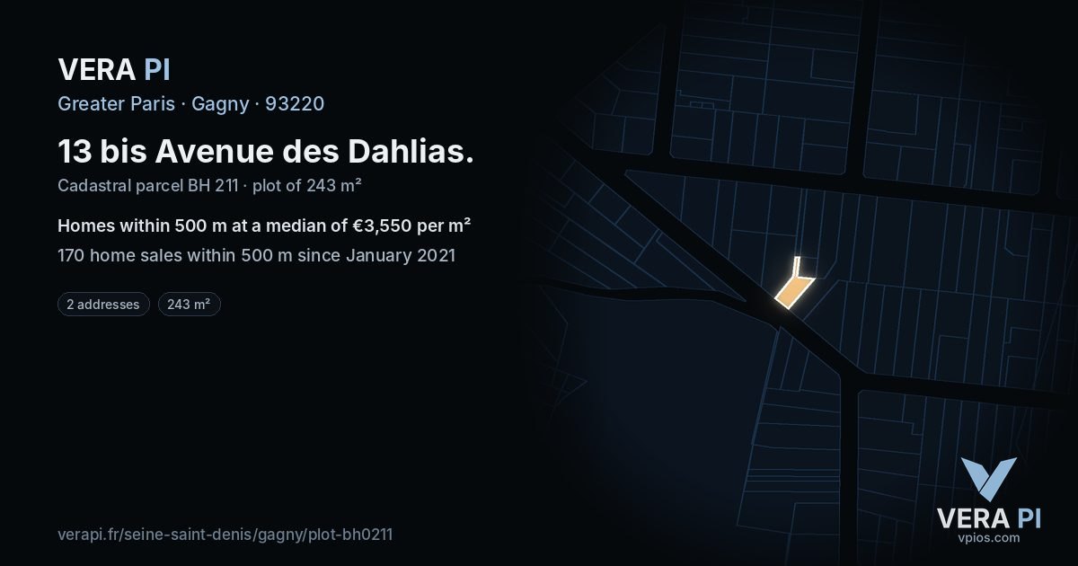 13 bis Avenue des Dahlias, Gagny at night – the plot lit, the parcels around coloured by the prices near them
