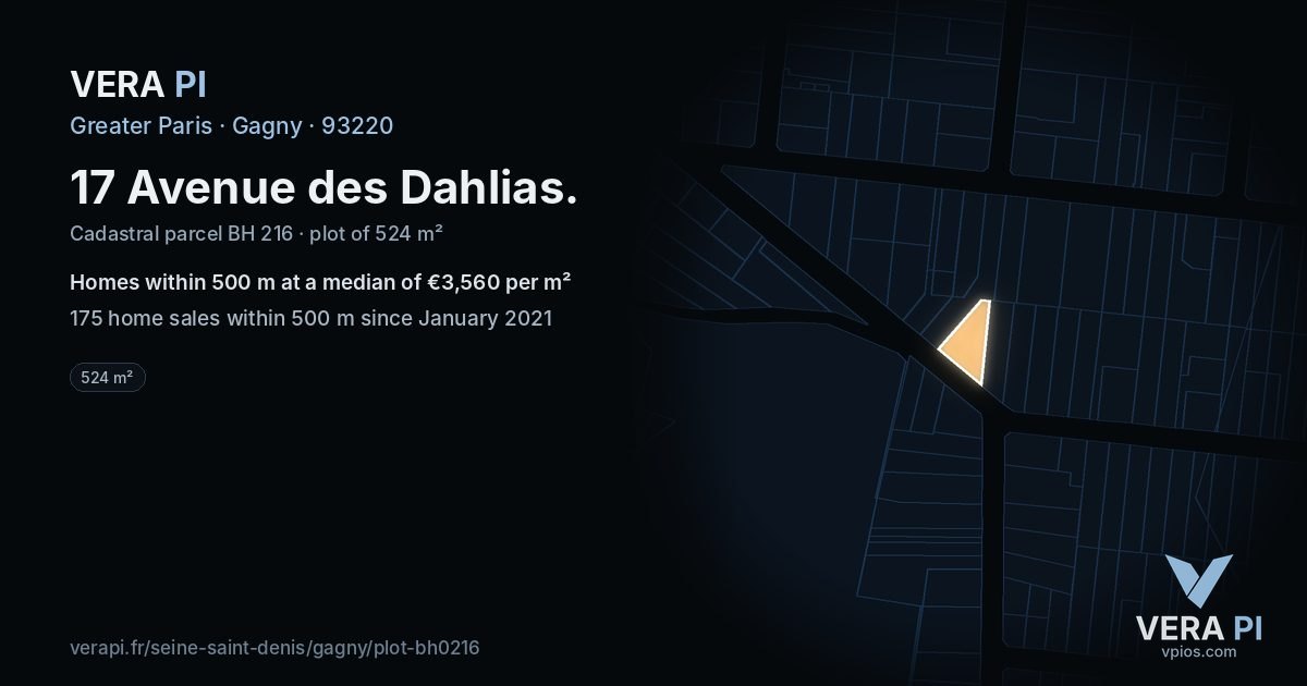 17 Avenue des Dahlias, Gagny at night – the plot lit, the parcels around coloured by the prices near them