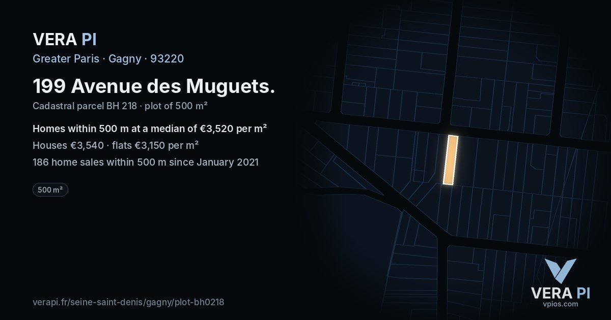 199 Avenue des Muguets, Gagny at night – the plot lit, the parcels around coloured by the prices near them