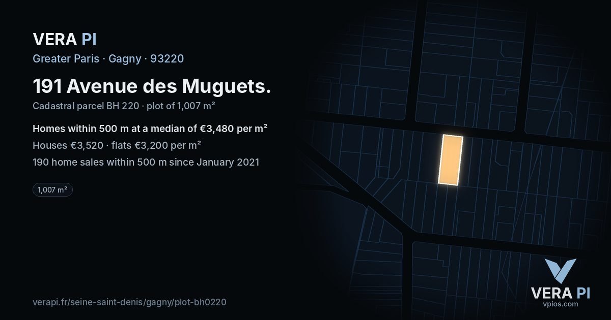 191 Avenue des Muguets, Gagny at night – the plot lit, the parcels around coloured by the prices near them