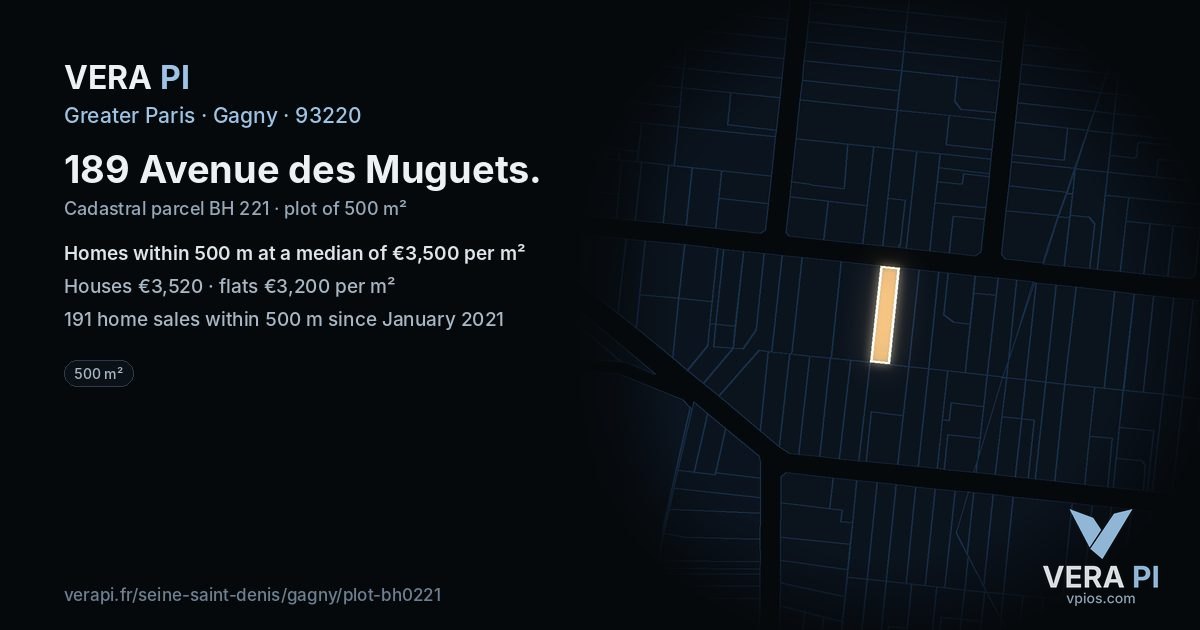 189 Avenue des Muguets, Gagny at night – the plot lit, the parcels around coloured by the prices near them
