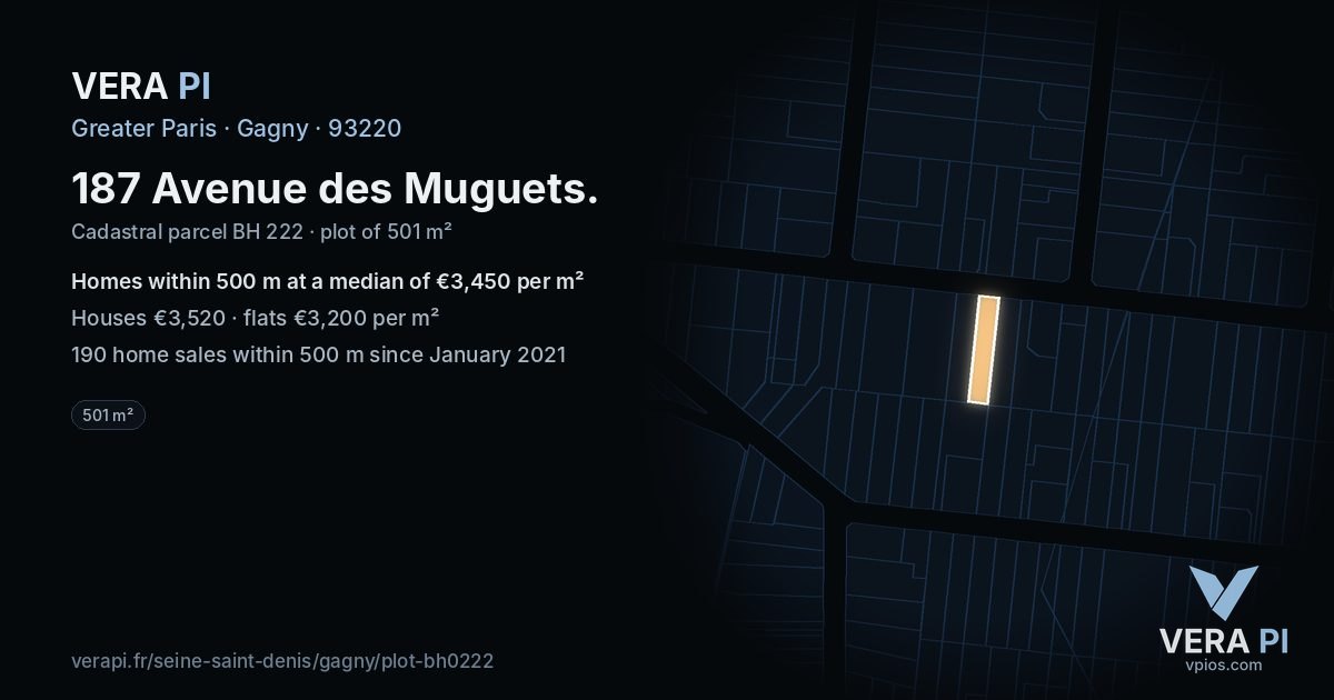 187 Avenue des Muguets, Gagny at night – the plot lit, the parcels around coloured by the prices near them