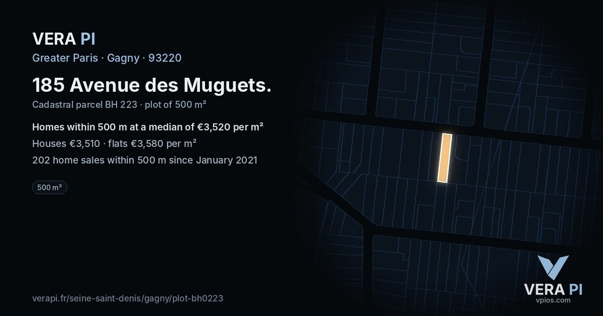 185 Avenue des Muguets, Gagny at night – the plot lit, the parcels around coloured by the prices near them