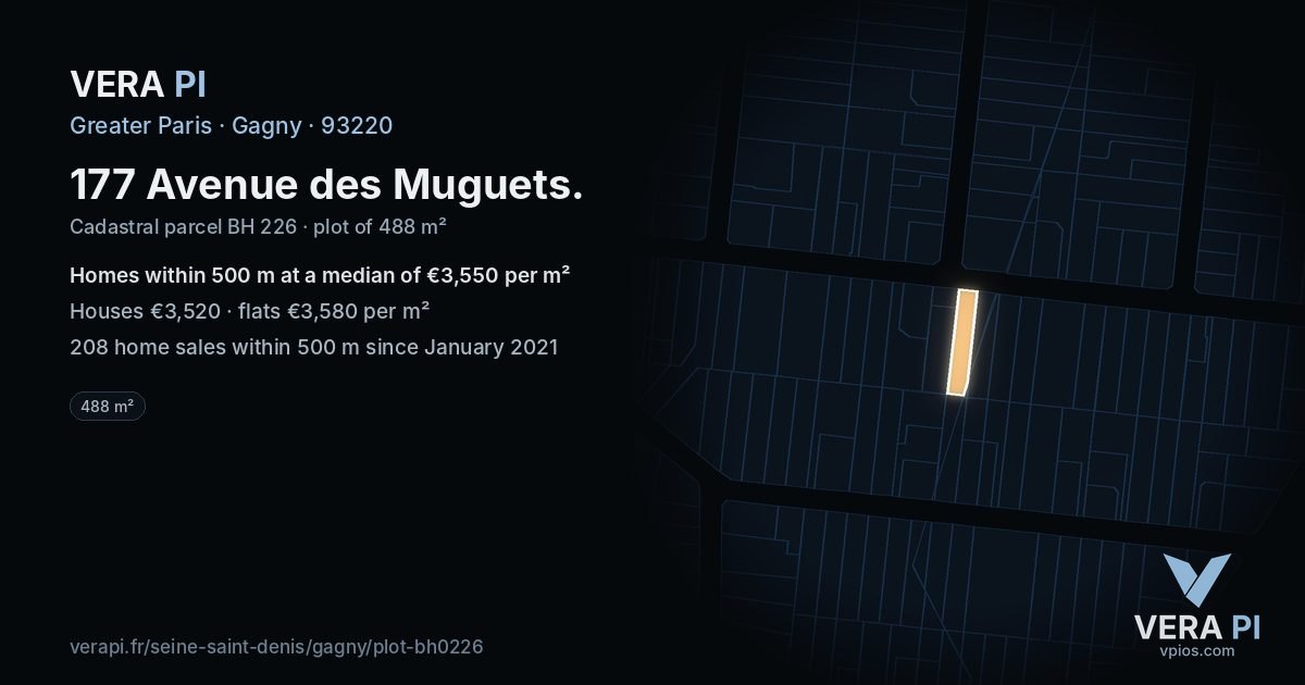 177 Avenue des Muguets, Gagny at night – the plot lit, the parcels around coloured by the prices near them
