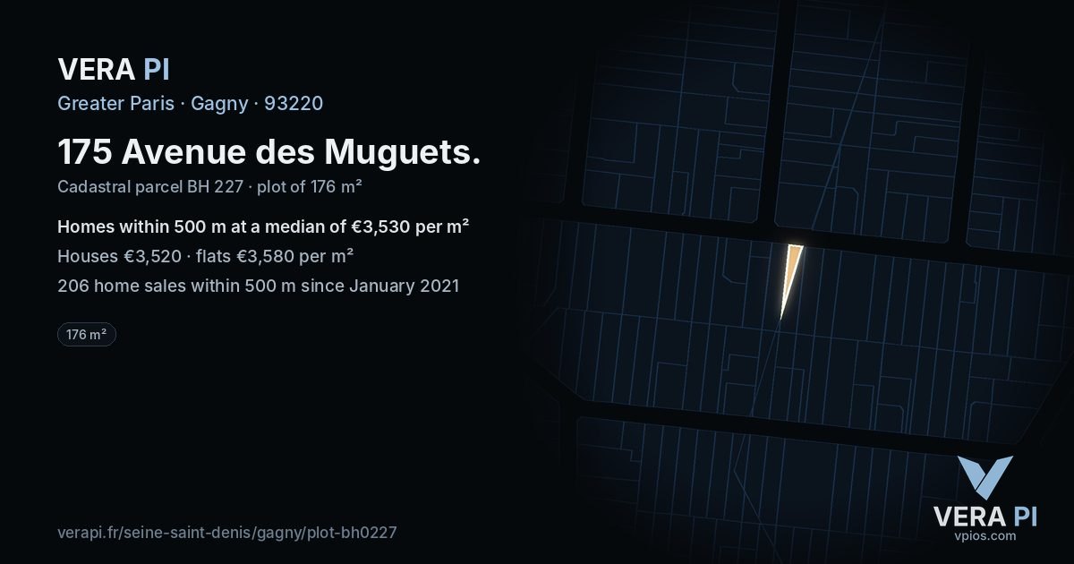 175 Avenue des Muguets, Gagny at night – the plot lit, the parcels around coloured by the prices near them