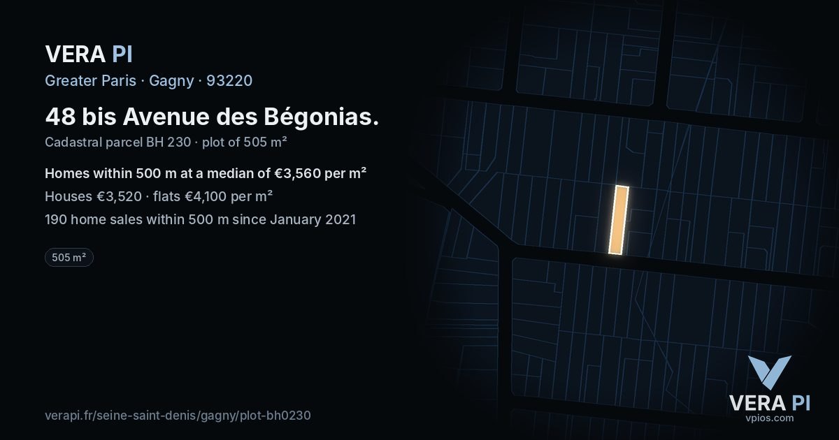 48 bis Avenue des Bégonias, Gagny at night – the plot lit, the parcels around coloured by the prices near them