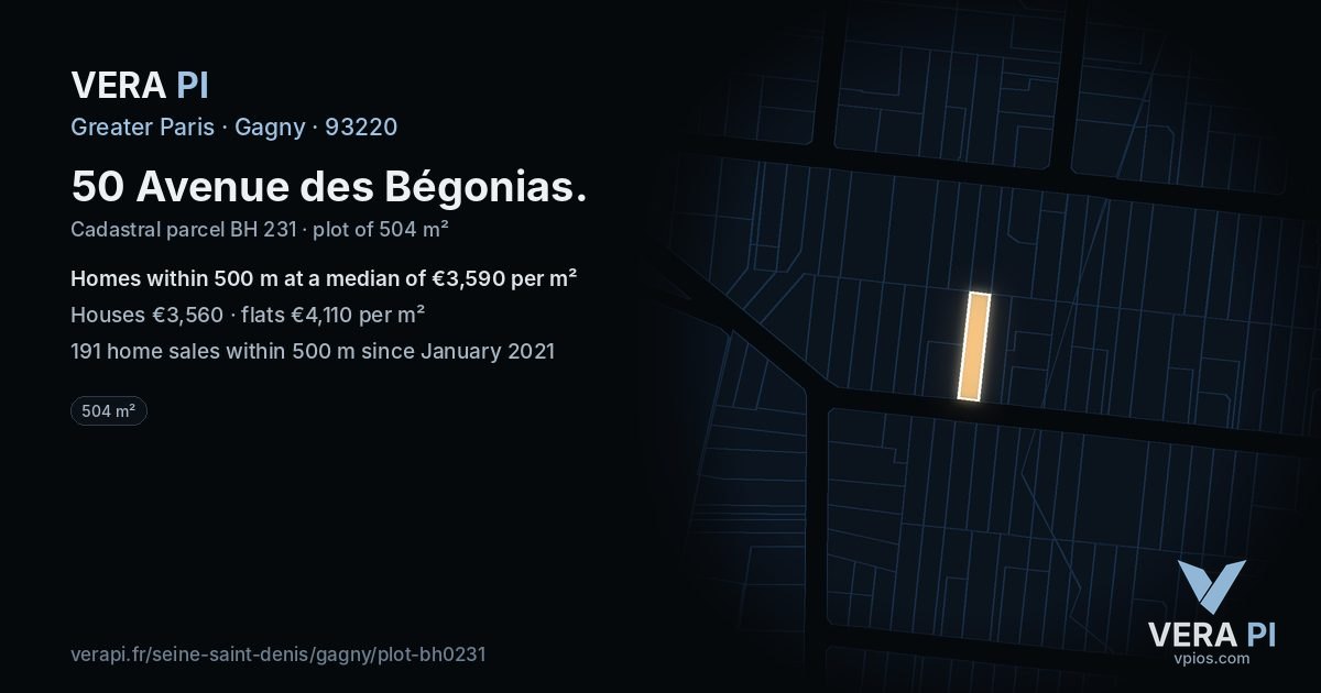50 Avenue des Bégonias, Gagny at night – the plot lit, the parcels around coloured by the prices near them