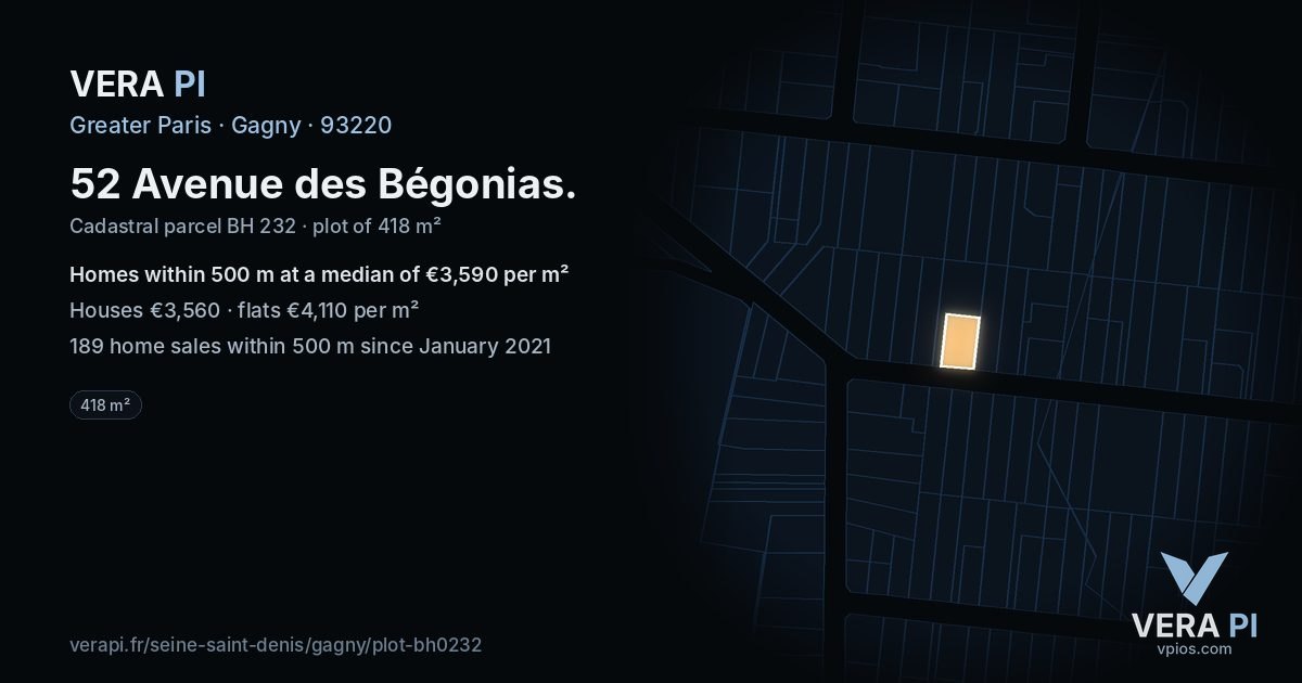 52 Avenue des Bégonias, Gagny at night – the plot lit, the parcels around coloured by the prices near them