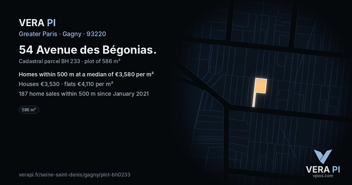 54 Avenue des Bégonias, Gagny at night – the plot lit, the parcels around coloured by the prices near them