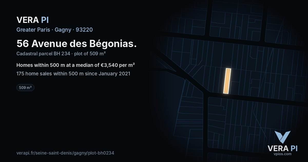 56 Avenue des Bégonias, Gagny at night – the plot lit, the parcels around coloured by the prices near them