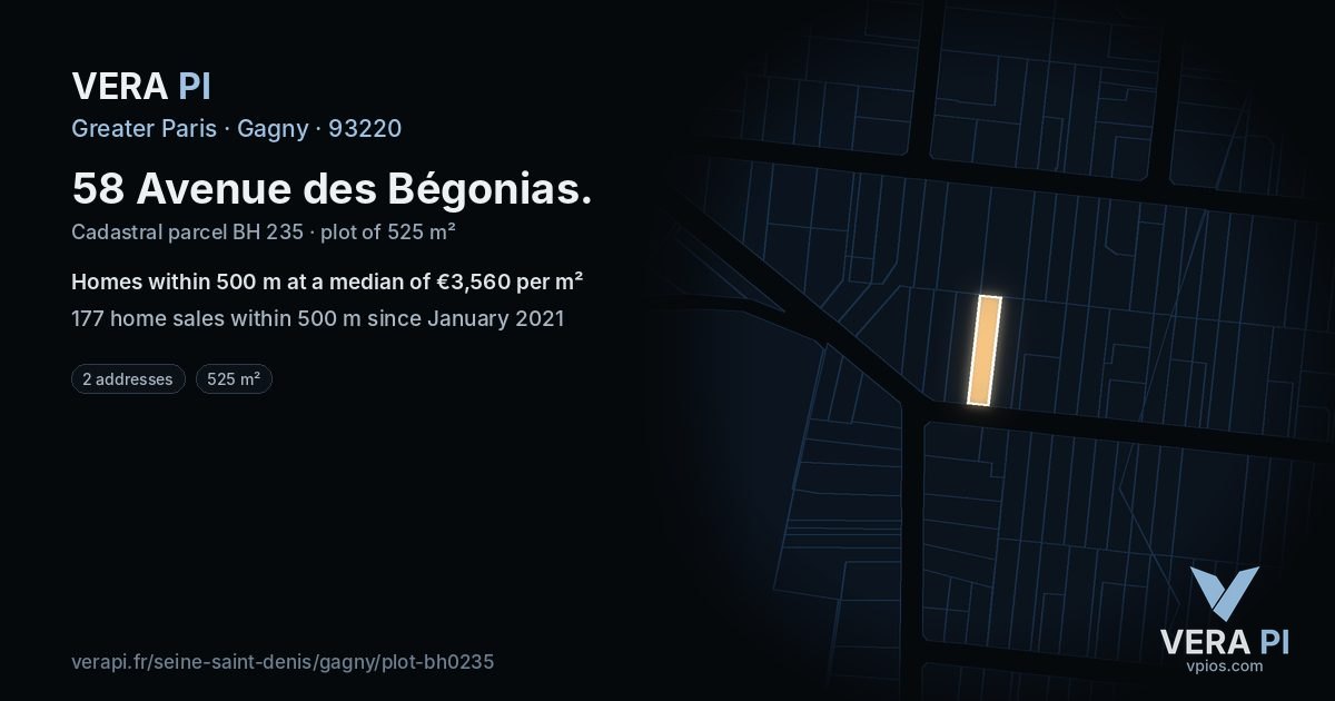 58 Avenue des Bégonias, Gagny at night – the plot lit, the parcels around coloured by the prices near them