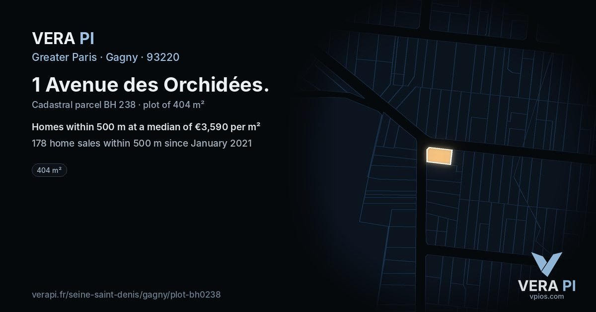 1 Avenue des Orchidées, Gagny at night – the plot lit, the parcels around coloured by the prices near them