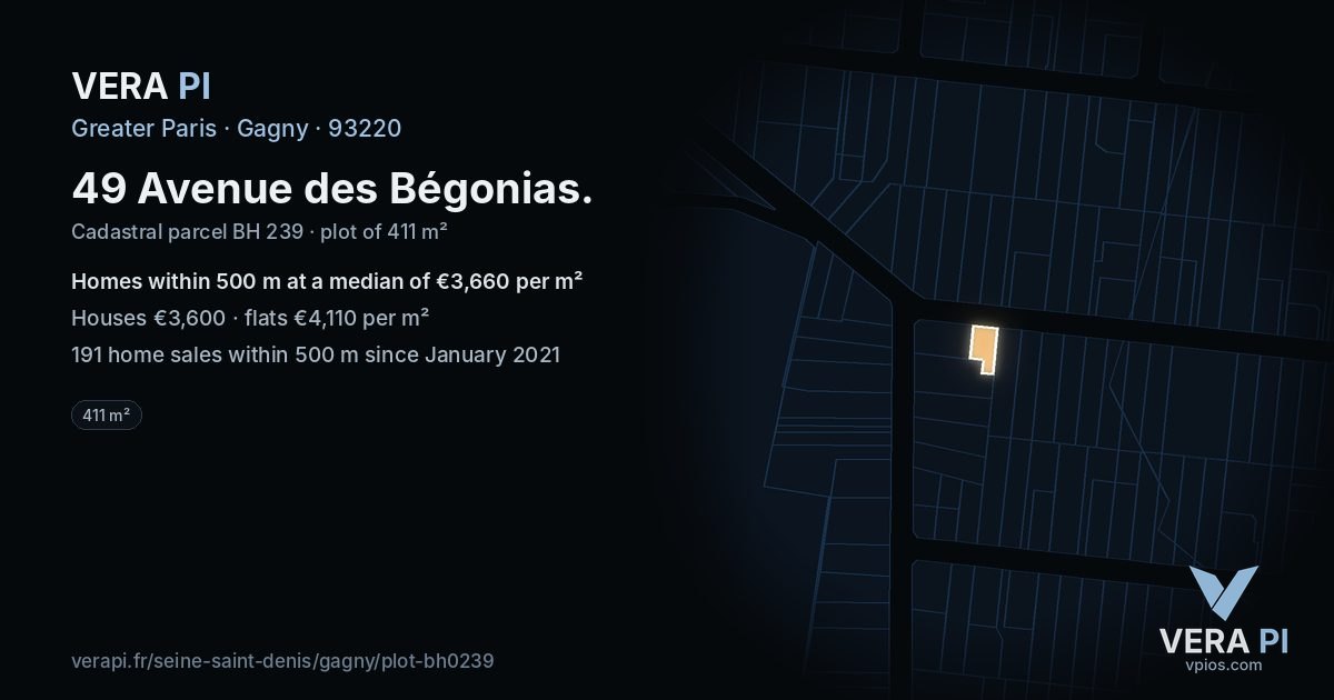 49 Avenue des Bégonias, Gagny at night – the plot lit, the parcels around coloured by the prices near them