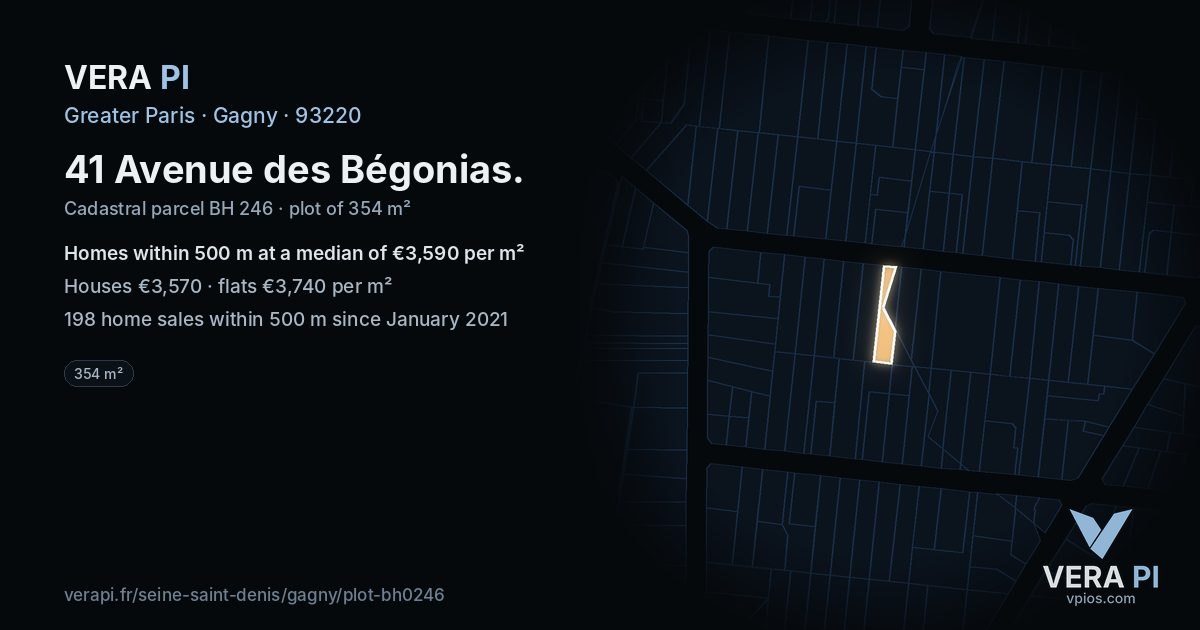 41 Avenue des Bégonias, Gagny at night – the plot lit, the parcels around coloured by the prices near them