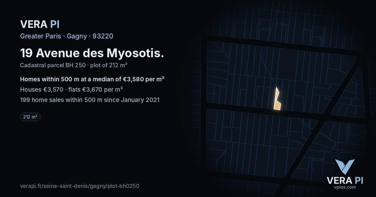 19 Avenue des Myosotis, Gagny at night – the plot lit, the parcels around coloured by the prices near them