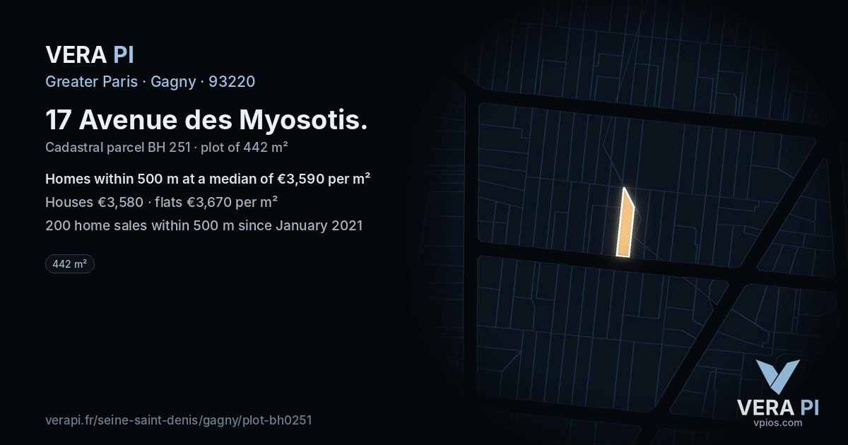 17 Avenue des Myosotis, Gagny at night – the plot lit, the parcels around coloured by the prices near them