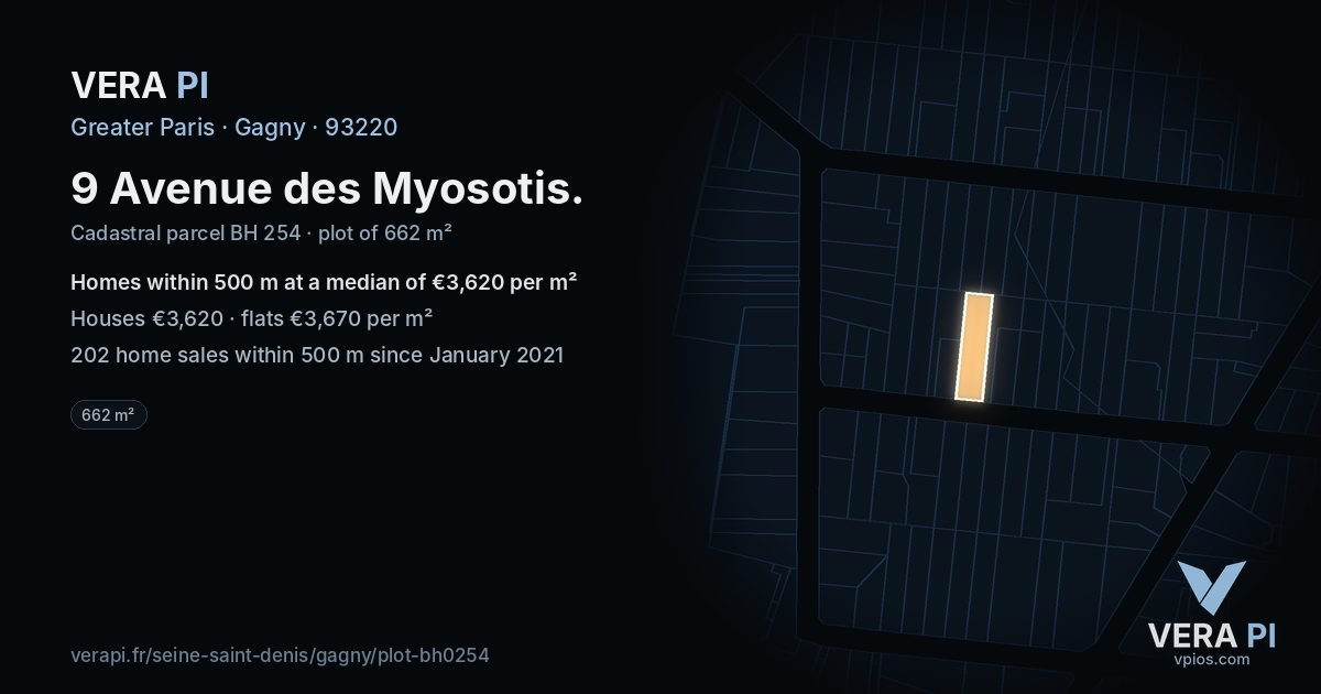 9 Avenue des Myosotis, Gagny at night – the plot lit, the parcels around coloured by the prices near them