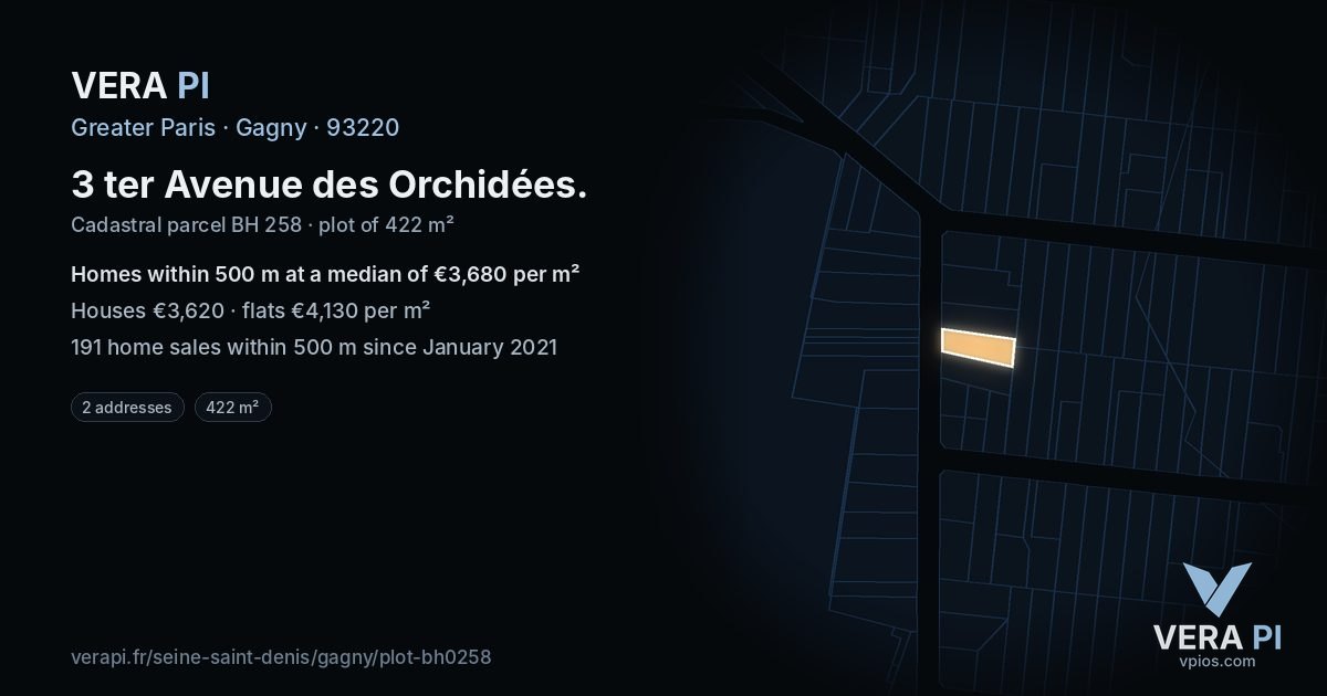 3 ter Avenue des Orchidées, Gagny at night – the plot lit, the parcels around coloured by the prices near them