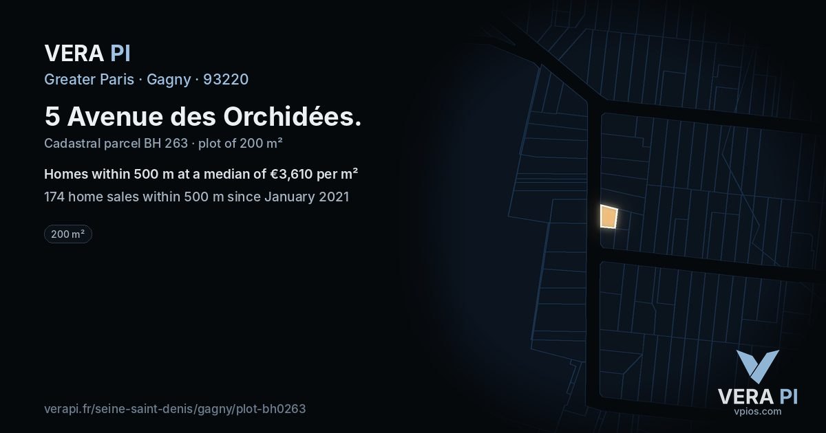 5 Avenue des Orchidées, Gagny at night – the plot lit, the parcels around coloured by the prices near them