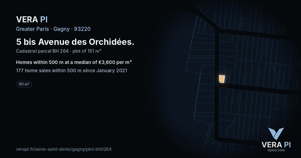 5 bis Avenue des Orchidées, Gagny at night – the plot lit, the parcels around coloured by the prices near them