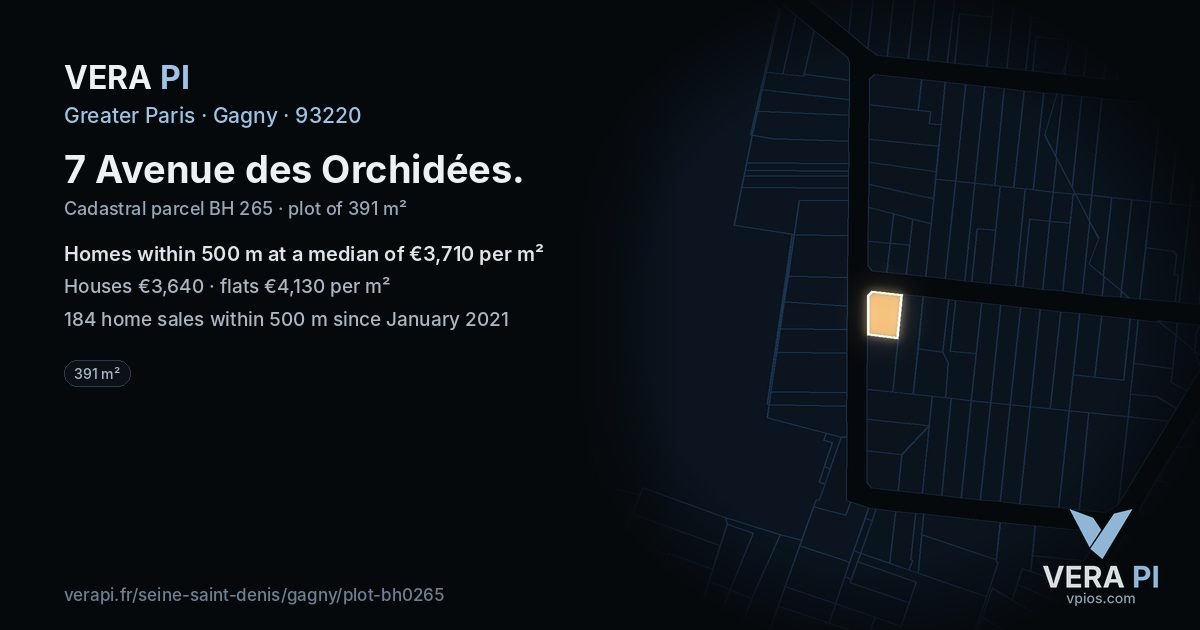 7 Avenue des Orchidées, Gagny at night – the plot lit, the parcels around coloured by the prices near them