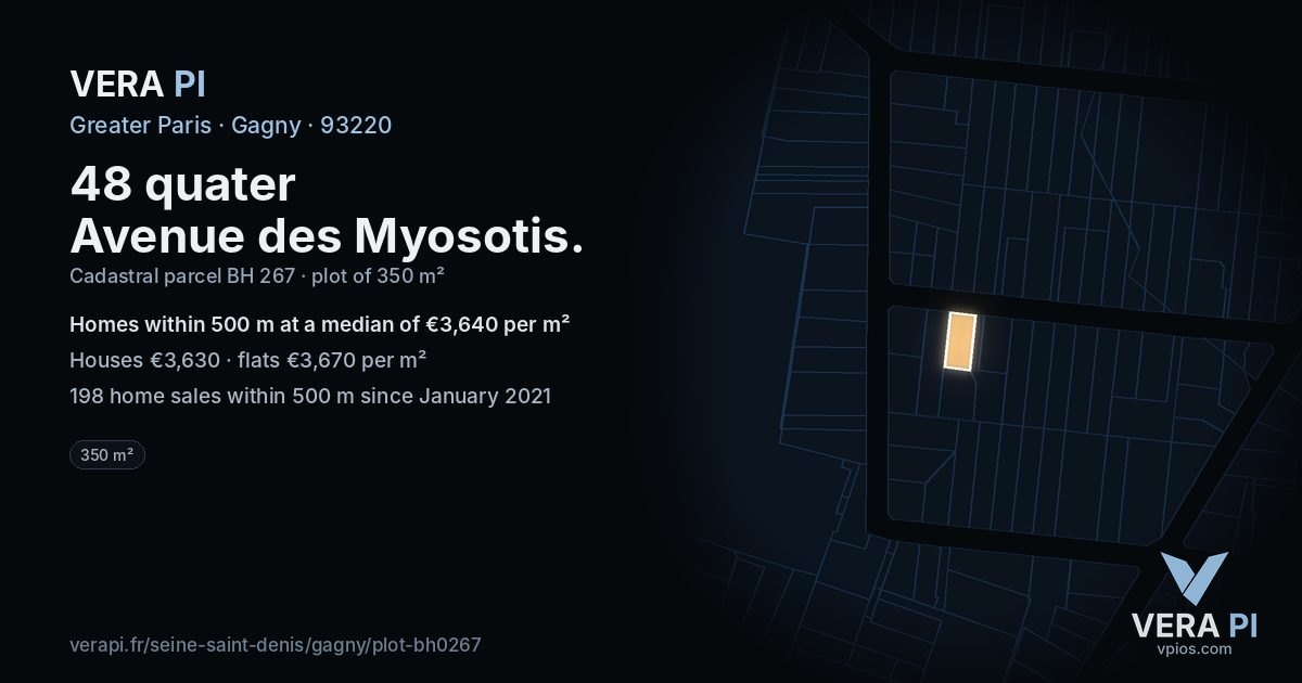 48 quater Avenue des Myosotis, Gagny at night – the plot lit, the parcels around coloured by the prices near them