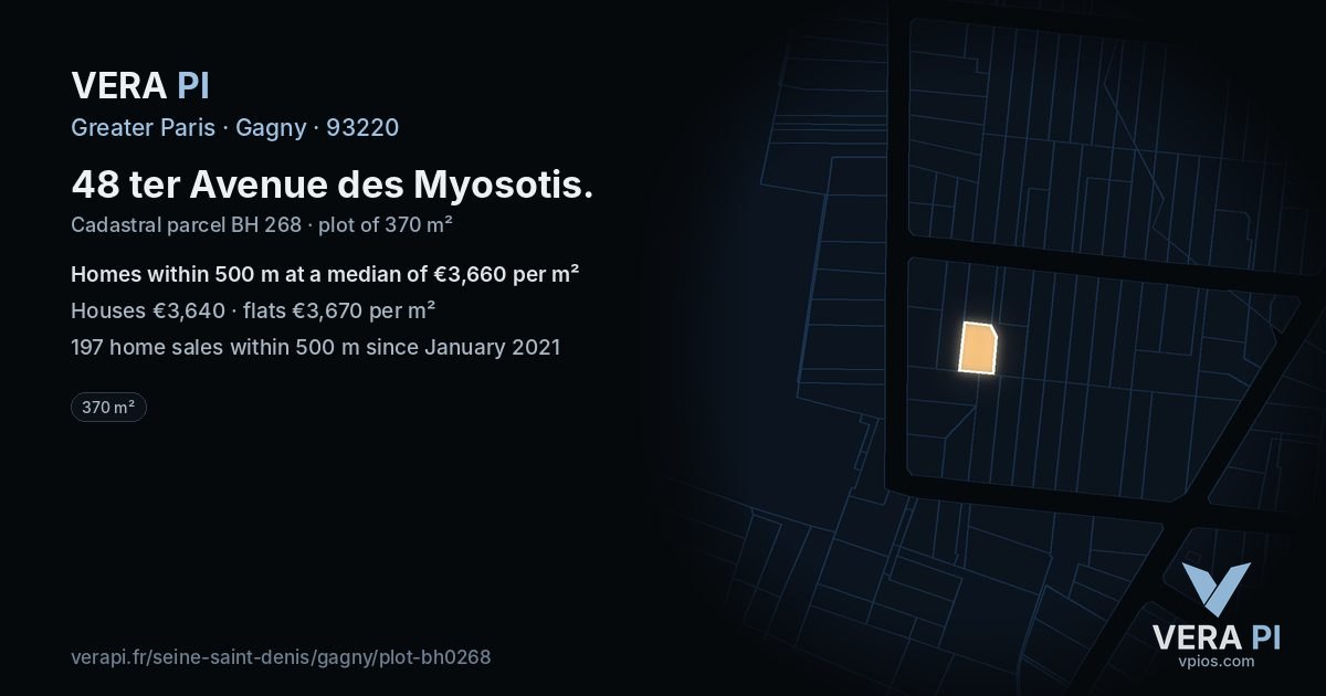 48 ter Avenue des Myosotis, Gagny at night – the plot lit, the parcels around coloured by the prices near them
