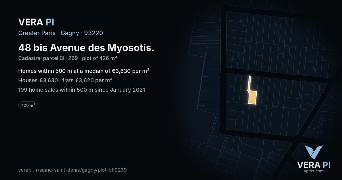 48 bis Avenue des Myosotis, Gagny at night – the plot lit, the parcels around coloured by the prices near them
