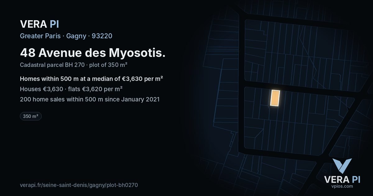 48 Avenue des Myosotis, Gagny at night – the plot lit, the parcels around coloured by the prices near them