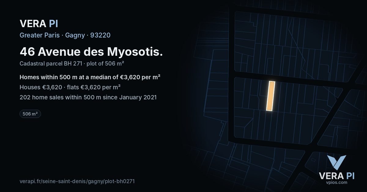46 Avenue des Myosotis, Gagny at night – the plot lit, the parcels around coloured by the prices near them