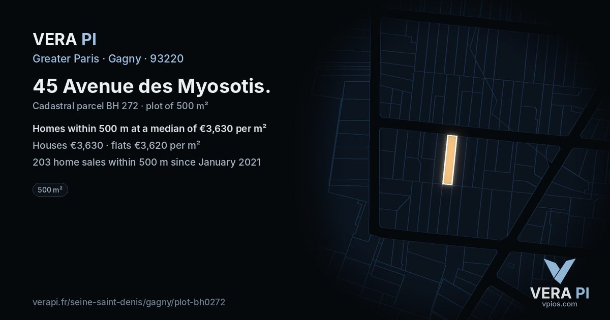 45 Avenue des Myosotis, Gagny at night – the plot lit, the parcels around coloured by the prices near them