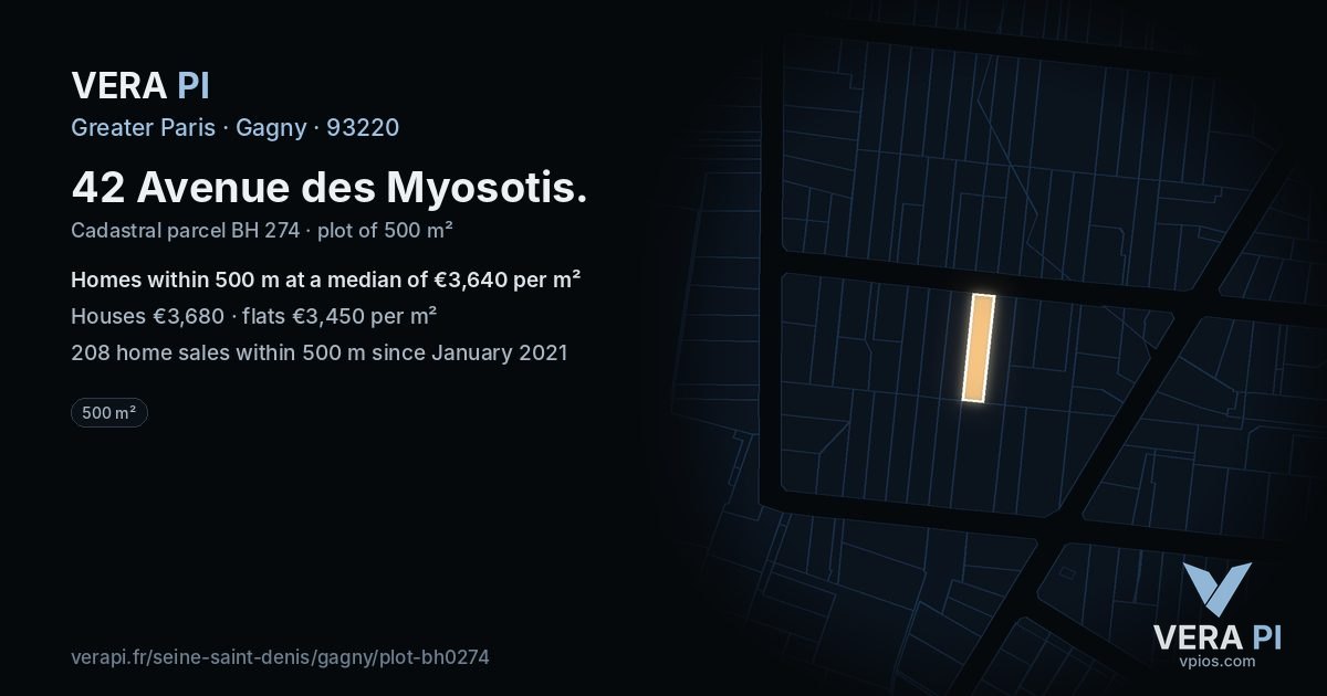 42 Avenue des Myosotis, Gagny at night – the plot lit, the parcels around coloured by the prices near them