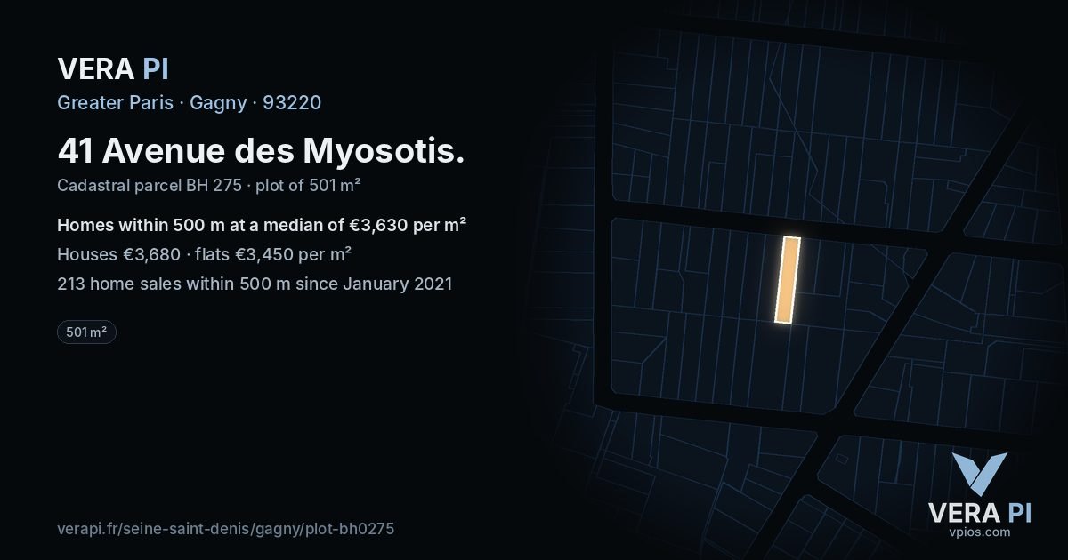 41 Avenue des Myosotis, Gagny at night – the plot lit, the parcels around coloured by the prices near them