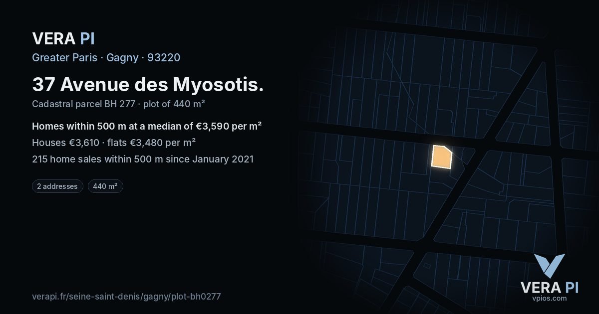 37 Avenue des Myosotis, Gagny at night – the plot lit, the parcels around coloured by the prices near them