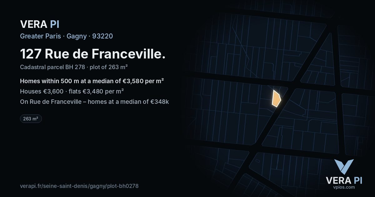 127 Rue de Franceville, Gagny at night – the plot lit, the parcels around coloured by the prices near them