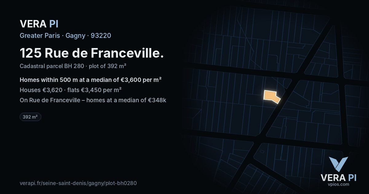 125 Rue de Franceville, Gagny at night – the plot lit, the parcels around coloured by the prices near them