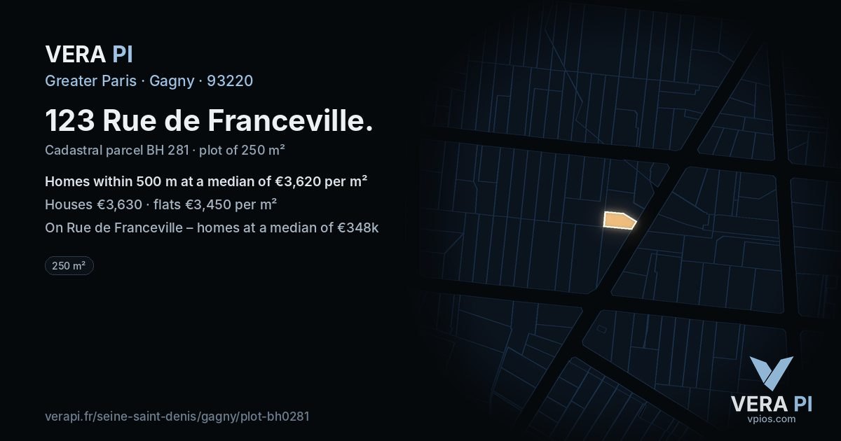 123 Rue de Franceville, Gagny at night – the plot lit, the parcels around coloured by the prices near them