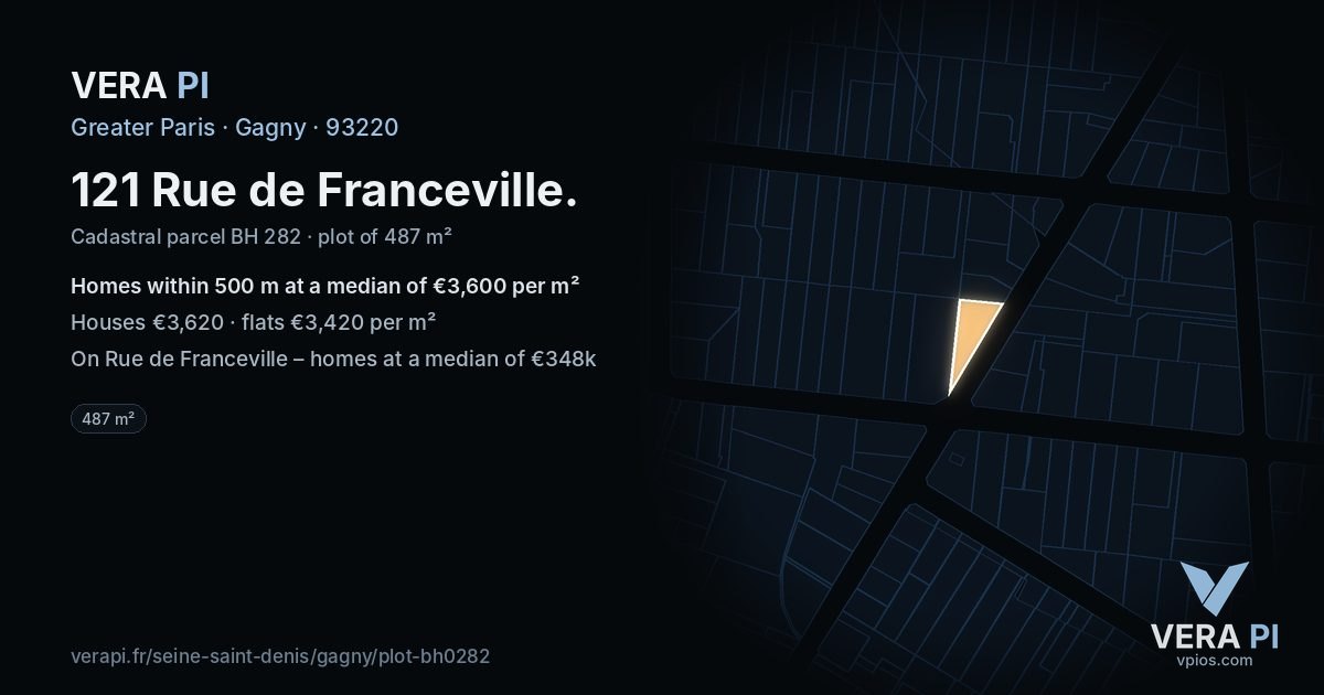 121 Rue de Franceville, Gagny at night – the plot lit, the parcels around coloured by the prices near them