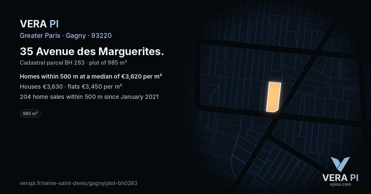 35 Avenue des Marguerites, Gagny at night – the plot lit, the parcels around coloured by the prices near them