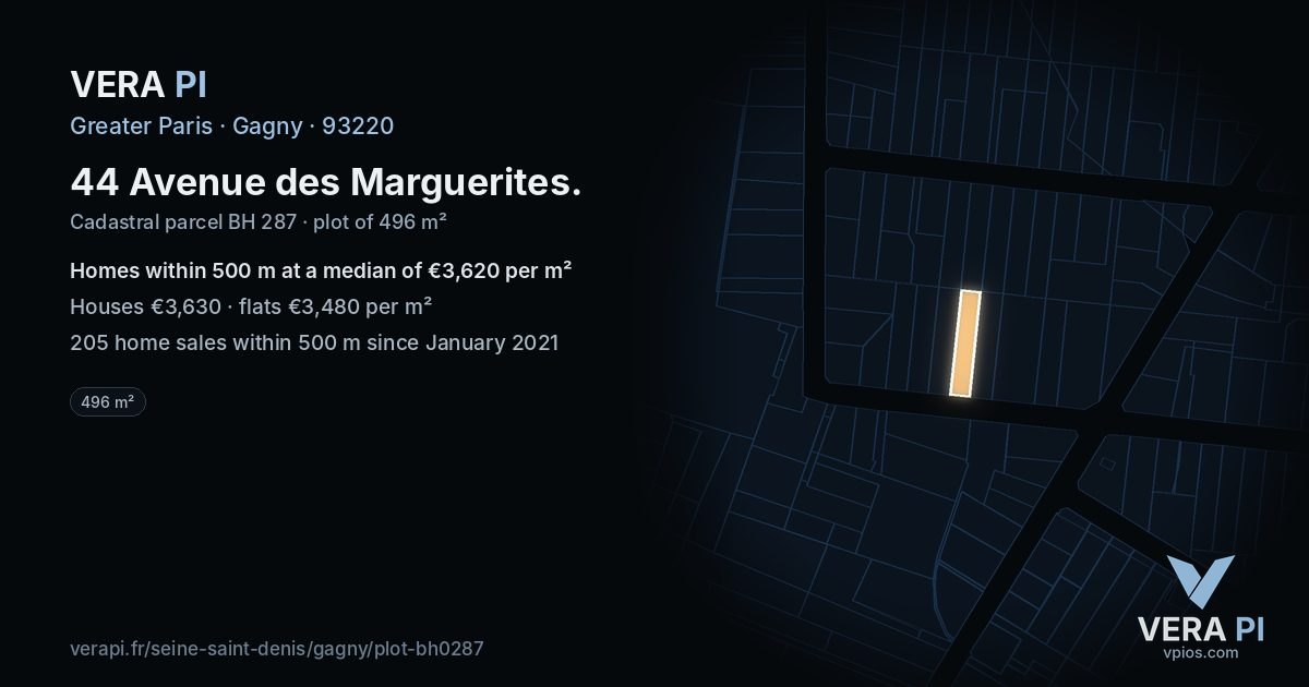 44 Avenue des Marguerites, Gagny at night – the plot lit, the parcels around coloured by the prices near them