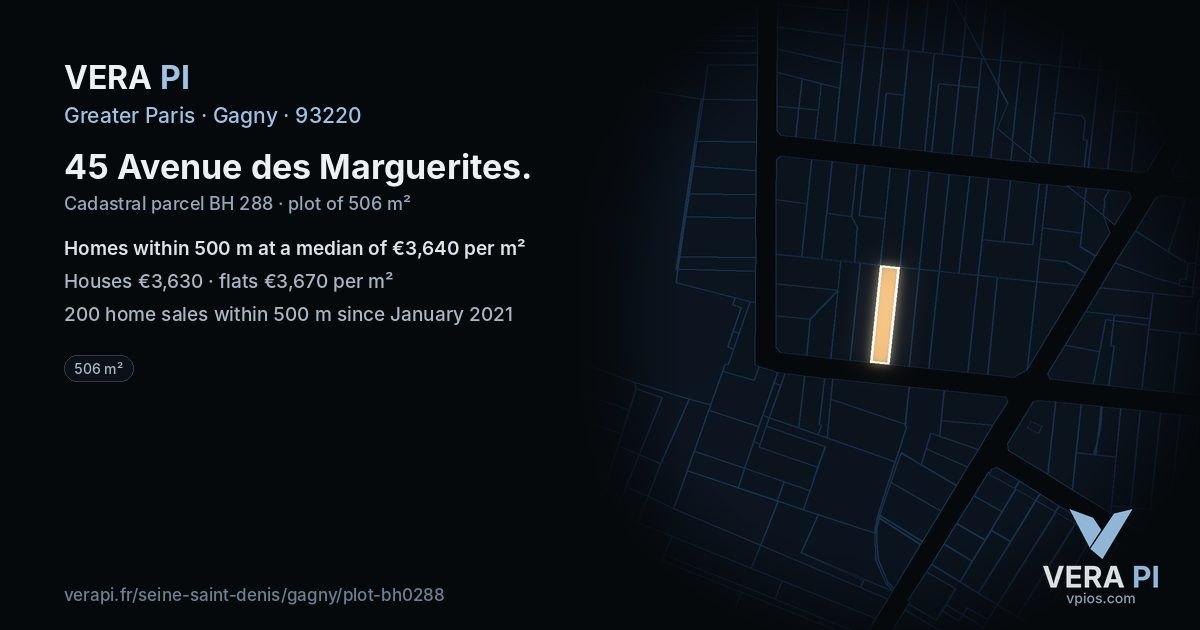 45 Avenue des Marguerites, Gagny at night – the plot lit, the parcels around coloured by the prices near them