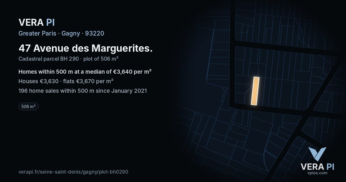 47 Avenue des Marguerites, Gagny at night – the plot lit, the parcels around coloured by the prices near them
