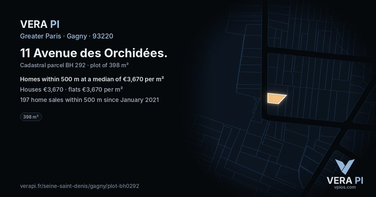 11 Avenue des Orchidées, Gagny at night – the plot lit, the parcels around coloured by the prices near them