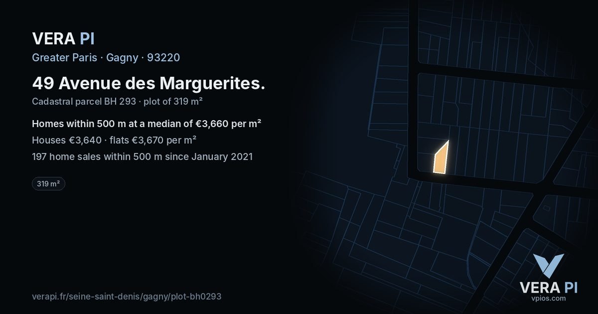 49 Avenue des Marguerites, Gagny at night – the plot lit, the parcels around coloured by the prices near them