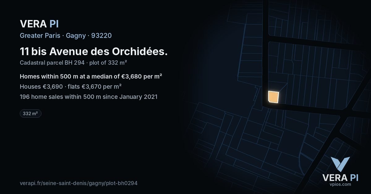 11 bis Avenue des Orchidées, Gagny at night – the plot lit, the parcels around coloured by the prices near them