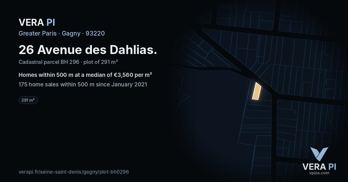 26 Avenue des Dahlias, Gagny at night – the plot lit, the parcels around coloured by the prices near them