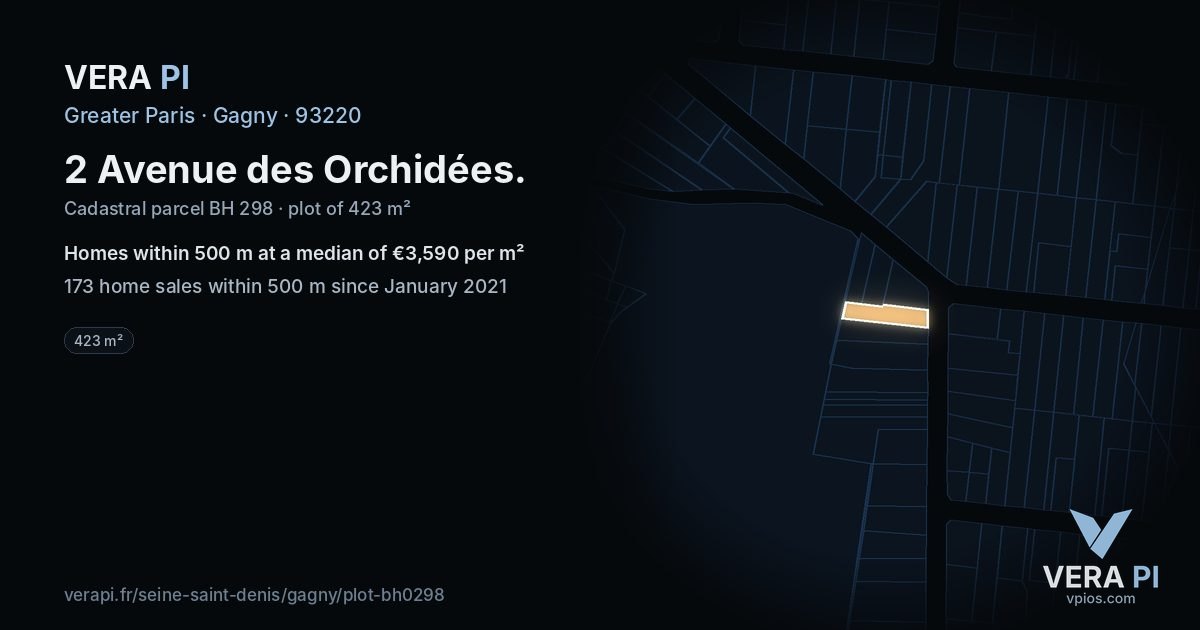 2 Avenue des Orchidées, Gagny at night – the plot lit, the parcels around coloured by the prices near them