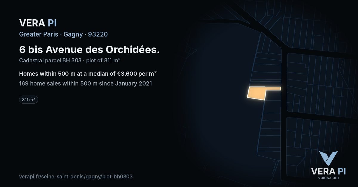 6 bis Avenue des Orchidées, Gagny at night – the plot lit, the parcels around coloured by the prices near them